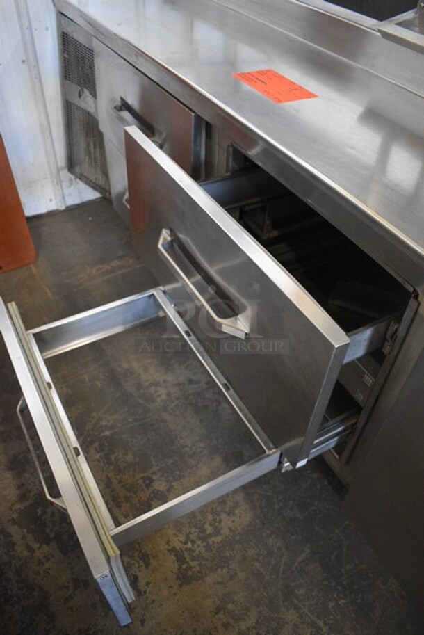 Randell Stainless Steel Commercial Sandwich Salad Prep Table Bain Marie Mega Top w/ 1 Door, 4 Drawers, Overshelf and Ticket Holder on Commercial Casters. 89x35x56.5. Tested and Does Not Power On - Image 5 of 7