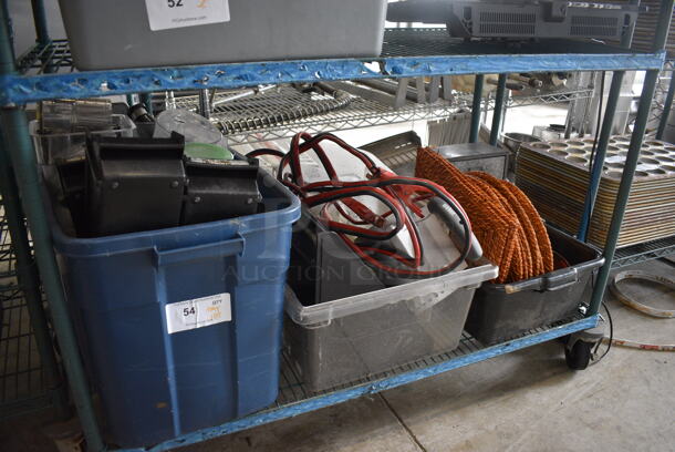 ALL ONE MONEY! Lot of 3 Bins of Various Items Including Jumper Cables, Wicker Chargers, Metal 3 Drawer, Glass Liquid Measuring Cup and Poly Items! - Image 7 of 7