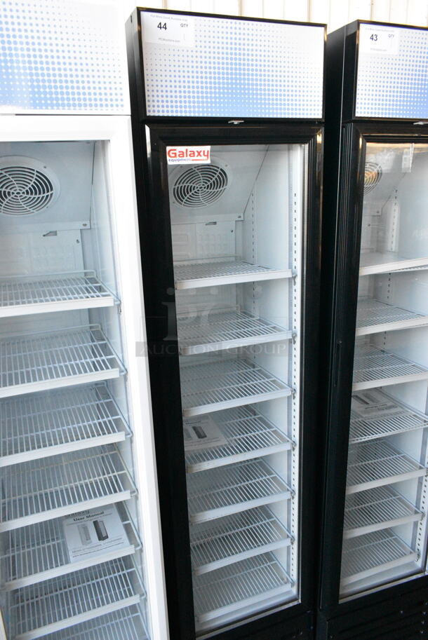 BRAND NEW SCRATCH AND DENT! Galaxy 177GDN5RBB Metal Commercial Single Door Reach In Cooler Merchandiser w/ Poly Coated Racks and Red, White, and Blue LED Lighting. 110-120 Volts, 1 Phase. Tested and Working! - Image 1 of 6