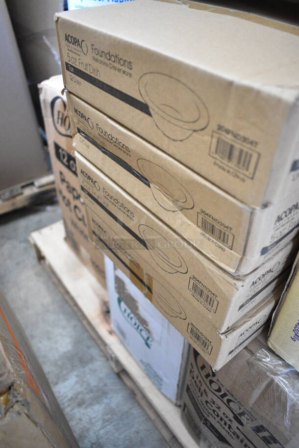 PALLET LOT of 27 BRAND NEW Boxes Including 966UPWIDEKFT-500 OneUp by Choice Kraft 2-Ply Wide Interfold 6 1/2" x 8 1/2" Dispenser Napkin - 6000/Case, 50012W Choice 12 oz. White Poly Paper Hot Cup - 1000/Case, RMB1000CL Royal Paper RMB1000CL 24" Clear Plastic Mesh Produce / Seafood Bag - 1000/Case, 760PIC05 Choice 5 oz. Clear Plastic Dessert Cup - 1000/Case, 130HCUTFWR Visions Individually Wrapped White Heavy Weight Plastic Fork - 1000/Case, D9542 Dixie Large White Travel Lid for 10-20 oz. Cups - 1000/Case, 3 Boxes 346WKFSNSPM Choice White Medium Weight Wrapped Plastic Cutlery Pack with Napkin and Salt / Pepper Packets - 500/Case, 4 Box 304FND304T Acopa Foundations 5 oz. Tan Narrow Rim Melamine Fruit Dish - 12/Case, 128HDLDBULK ChoiceHD Microwavable Translucent Plastic Deli Container Lid - 480/Case, 375SW1430 GET SW-1430-1-CL 3 oz. Customizable SAN Plastic Martini Glass - 24/Case, 5012433M1C Lavex Li'l Herc 12-16 Gallon 1 Mil 24" x 33" Low Density Medium-Duty Clear Can Liner / Trash Bag - 250/Case, 57432Z4045 Merrychef 32Z4045 Teflon® Coated Solid Bottom Basket for eikon e2 Series Ovens, 999RP10CL Choice Crystal 10" Clear Plastic Plate - 20/Pack, 395TO991 EcoChoice 9" x 9" x 3" Compostable Sugarcane / Bagasse 1 Compartment Take-Out Box - 200/Case, 5002CPTE Lavex 2-Ply White Center Pull Paper Towel 510' Roll - 6/Case. 27 Times Your Bid!  - Image 10 of 12