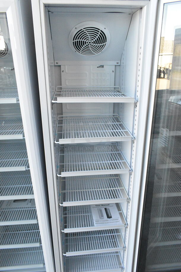 BRAND NEW SCRATCH AND DENT! Galaxy 177GDN5RBW Metal Commercial Single Door Reach In Cooler Merchandiser w/ Poly Coated Racks and Red, White, and Blue LED Lighting. 110-120 Volts, 1 Phase. Tested and Working! - Image 3 of 6