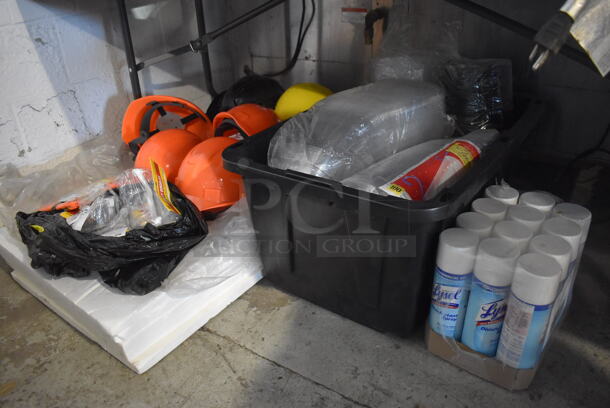 ALL ONE MONEY! Lot of Various Items Including 8 Helmets, Safety Vest, Safety Glasses and Lysol Disinfectant