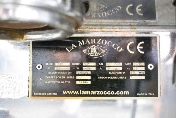 2015 La Marzocco GB5-EE Stainless Steel Commercial Countertop 2 Group Espresso Machine w/ 2 Portafilters and 2 Steam Wands. 220 Volts, 1 Phase.  - Image 9 of 9