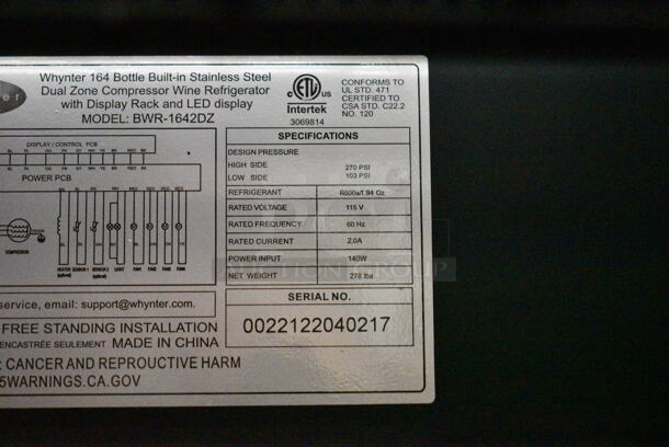BRAND NEW SCRATCH AND DENT! Whynter BWR-1642DZ Metal Commercial Single Door Reach In 164 Bottle Dual Zone Wine Cooler Merchandiser. 120 Volts, 1 Phase. Tested and Working! - Image 5 of 5
