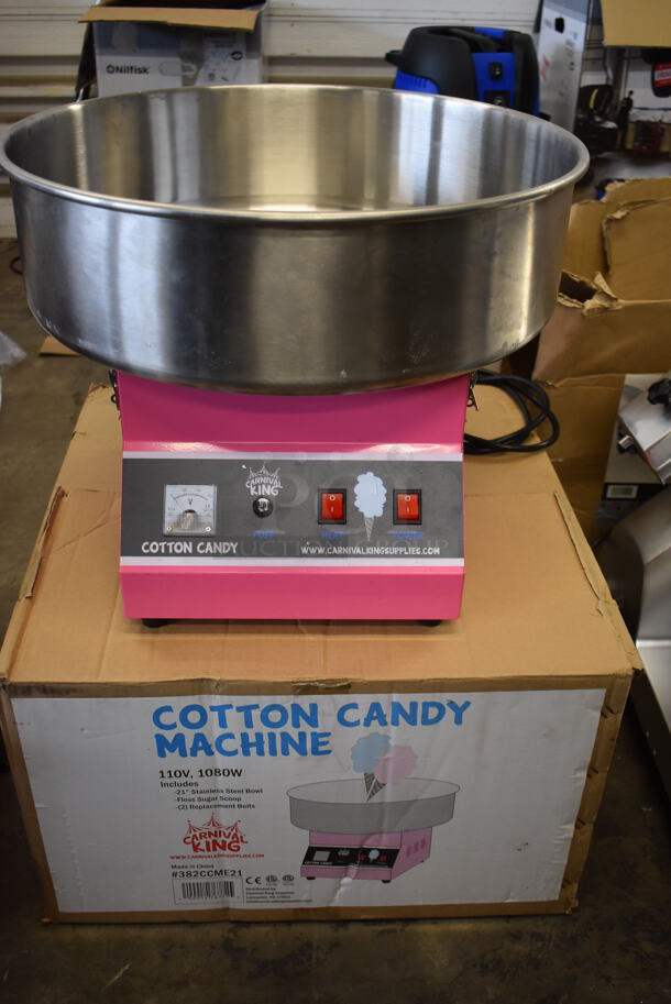 IN ORIGINAL BOX! Carnival King 382CCME21 Stainless Steel Commercial Countertop Cotton Candy Machine. 110 Volts, 1 Phase. 20.5x20.5x16. Tested and Working!