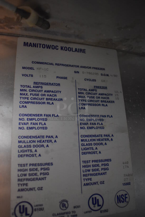 Manitowoc Koolaire KF-1C Stainless Steel Commercial Single Door Reach In Freezer w/ Racks on Commercial Casters. 115 Volts, 1 Phase. 28x34x85. Cannot Test - Unit Trips Breaker - Image 4 of 5