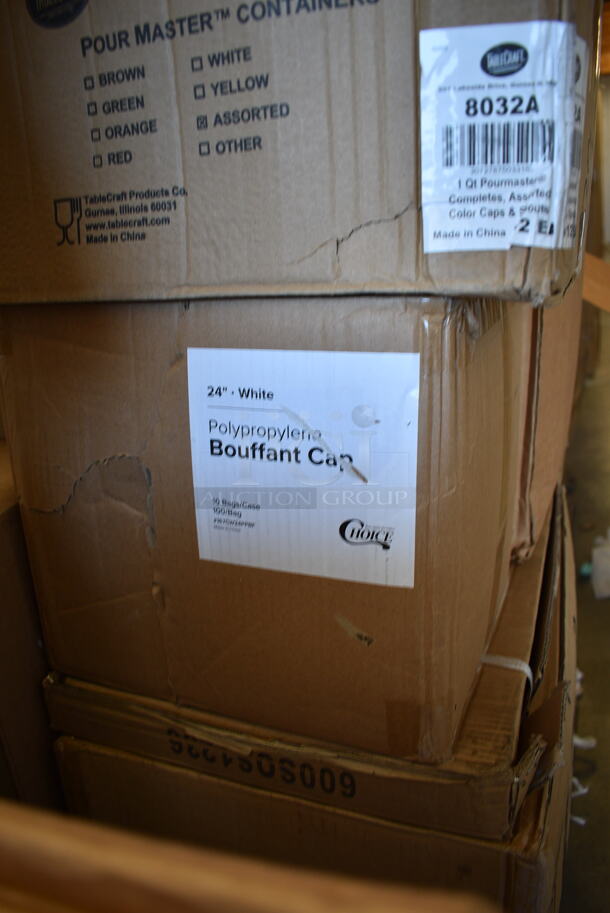 PALLET LOT of 31 BRAND NEW Boxes Including 2 Box PP883-BK Ecopax Hinge Containers, 2 Box 50010W Choice 10 oz. White Poly Paper Hot Cup - 1000/Case, 129MCR50B Choice 43 oz. Black Round Microwavable Heavy Weight Container with Lid 9" - 150/Case, 500CC20HD 20 oz. Plastic Cold Cup - 600/Case, 2 Box 129MCS28B Choice 28 oz. Black Rectangular Microwavable Heavy Weight Container with Lid 8 3/4" x 6 1/4" x 1 3/4" - 150/Case, 128HD8COMBO ChoiceHD 8 oz. Microwavable Translucent Plastic Deli Container and Lid Combo Pack - 240/Case, 164CUSHMCMVN Lancaster Table & Seating Vintage Wood Seat for Mid-Century Chairs and Barstools, 2 Box Tablecraft 8032A PourMaster Complete 1 Qt. White Pour Bottle Kit with Assorted Color Spouts and Caps - 12/Pack, Choice 24" White Disposable Polypropylene Bouffant Cap - 100/Pack, 50020W Choice 20 oz. White Poly Paper Hot Cup - 600/Case, 600SOS1236 Regency Stainless Steel Single Deck Overshelf - 12" x 36" x 19 1/4", 5 Box 4331824PEA Choice 18" x 24" Pink / Peach Butcher Paper Sheets - 1000/Case, 12" Corrugated White Circles, 3698239413 Frymaster 8239413 20 3/8" x 28" Stainless Steel Fryer Cover for MJ1CF and MJCF Series, 795PTOBK8 Choice Black Microwavable Folded Paper #8 Take-Out Container 6" x 4 3/4" x 2 1/2" - 300/Case, 303BWREB16 Acopa 16 oz. Bright White Wide Rim Rolled Edge Rim Stoneware Soup and Pasta Bowl - 12/Case, 795PTOKFT3 Choice Kraft Microwavable Folded Paper #3 Take-Out Container 7 3/4" x 5 1/2" x 2 1/2" - 200/Case, 502404816CL Lavex 40-45 Gallon 16 Micron 40" x 48" High Density Janitorial Can Liner / Trash Bag - 250/Case. 31 Times Your Bid!  - Image 9 of 12