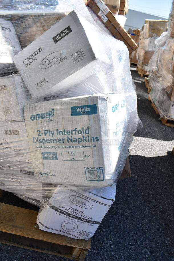 PALLET LOT of 29 BRAND NEW Boxes Including 6 Box 130TONG6BLK Visions 6" Black Disposable Plastic Tongs - 72/Case, 500LSTRWLW Choice 9, 12, 16, 20, and 24 oz. Clear Sip-Through Lid with Extra-Wide Opening - 1000/Case, 966UPWIDEB-500 OneUp by Choice White 2-Ply Wide Interfold 6 1/2" x 8 1/2" Dispenser Napkin - 6000/Case, 760FFLRGNEWS Choice Large 16 oz. Paper Scoop Cup with Newsprint Design - 1000/Case, 500CC12 12 oz. Plastic Cold Cup - 1000/Case, 1504381M Carnival King 6" x 3/4" x 6 1/2" Large Foil Hamburger / Sandwich Bag - 1000/Case, 500CC12HD 12 oz. Plastic Cold Cup - 1000/Case, 500LSTRWLW Choice 9, 12, 16, 20, and 24 oz. Clear Sip-Through Lid with Extra-Wide Opening - 1000/Case. 29 Times Your Bid!  - Image 4 of 12