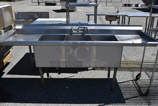 Stainless Steel Commercial 3 Bay Sink w/ Dual Drainboards, Faucet and Handles. 87.5x27x39. Bays 16x21x13. Drainboards 18x24x2