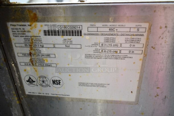 2019 Pitco Frialator 65C Stainless Steel Commercial Natural Gas Powered 65 Pound Capacity Deep Fat Fryer w/ 6 Metal Fry Baskets and Right Side Splash Guard. 150,000 BTU.  - Image 5 of 5