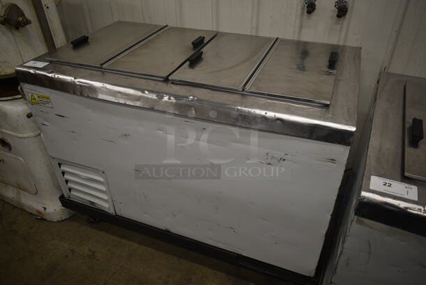 Stainless Steel Commercial Chest Freezer w/ 2 Center Hinge Lids on Commercial Casters. Tested and Working!