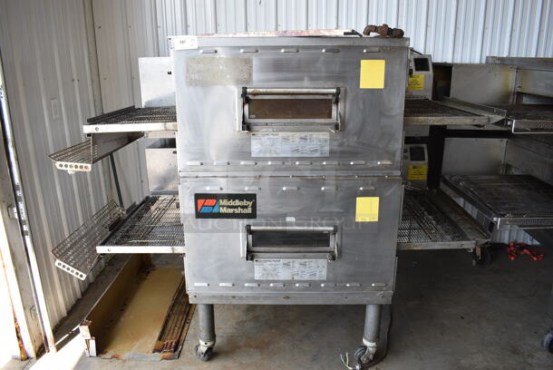 2 Middleby Marshall Model PS840GVE2 Stainless Steel Commercial Natural Gas Powered Conveyor Pizza Oven on Commercial Casters. 99,000 BTU. 84x57x67. 2 Times Your Bid!