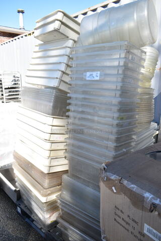 PALLET LOT of Various Items Including White Poly Dough Bins, Clear Poly Bins and Cylindrical Bins