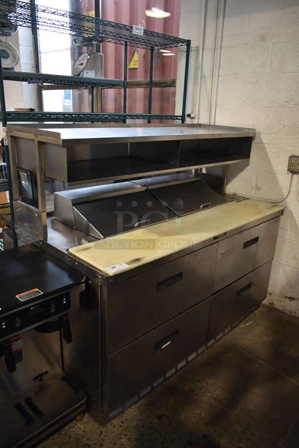 Delfield Stainless Steel Commercial Sandwich Salad Prep Table Bain Marie Mega Top w/ 4 Drawers and 2 Tier Over Shelf. Tested and Working! - Image 1 of 7