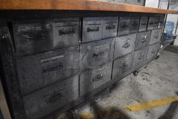 Metal Commercial Bakery Table w/ Butcher Block Countertop, Metal Over Shelves and 20 Drawers. 98x36x78 - Image 4 of 12