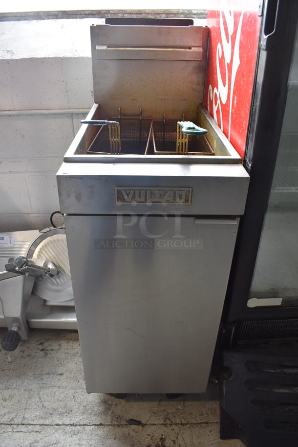 Vulcan LG400 Commercial Stainless Steel Natural Gas Fryer With Two Fryer Baskets on Commercial Casters. 120,000 BTU. - Image 1 of 5