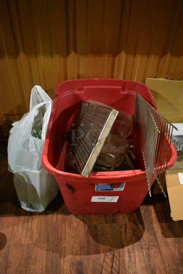 ALL ONE MONEY! Lot of Various Items Including Metal Drip Tray, Glasses and  Decorations in Red Poly Bin. (bar)