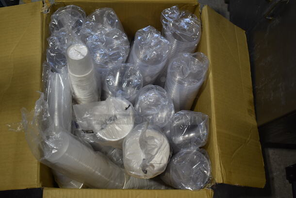 Box of NEW Plastic Lids, Plastic Cups and Paper Cups