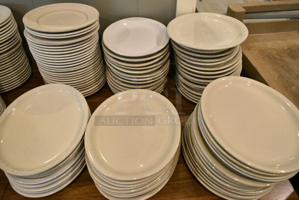 Wood Pattern Dining Height Table w/ Contents Including Ceramic Dishes. (main dining room) - Image 3 of 3