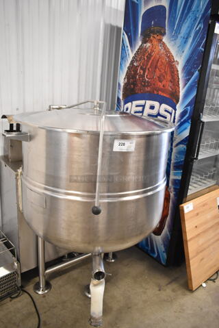 Cleveland KGL-80 Stainless Steel Commercial Electric Powered Floor Style 80 Gallon Steam Kettle. 240 Volts. Appears To Be 3 Phase.