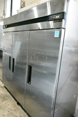 Blue Air BSF72T Stainless Steel Commercial 3 Door Reach In Freezer on Commercial Casters. 115/208-240 Volts, 1 Phase. 