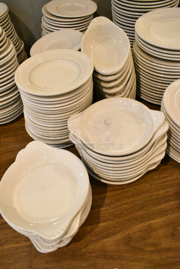 Wood Pattern Dining Height Table w/ Contents Including Ceramic Dishes. (main dining room) - Image 4 of 4