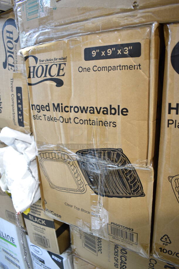 PALLET LOT of 29 BRAND NEW Boxes Including 2 Box Avantco 177FRYGUARD 18 Gauge Stainless Steel Splash Guard for FF and EF Series - 20 1/2" x 18", 2 Box 129MCR16B Choice 16 oz. Black 6 1/4" Round Microwavable Heavy Weight Container with Lid - 150/Case, 128HD16COMBO OneUp by Choice Kraft 2-Ply Wide Interfold 6 1/2" x 8 1/2" Dispenser Napkin - 6000/Case, 500TO883C3 Choice 8" x 8" x 3" Microwaveable 3-Compartment Black / Clear Plastic Hinged Container - 100/Case, 2 Box 500TO993 Choice 9" x 9" x 3" Microwavable 1-Compartment Black / Clear Plastic Hinged Container - 100/Case, 21480CWCCL Cambro 80CWC135 Camwear 1/8 Size Clear Polycarbonate Flat Lid, 2 Box 760SOUP8KFT EcoChoice 8 oz. Kraft Paper Food Cup with Vented Lid - 250/Case, 2 Box 50020C Choice 20 oz. Coffee Print Poly Paper Hot Cup - 600/Case, 3 Box 5014455HVY Lavex Hercules 56 Gallon 2 Mil 44" x 55" Low Density Heavy-Duty BlackCan Liner / Trash Bag - 50/Case, 130HCUTKWR Visions Individually Wrapped White Heavy Weight Plastic Knife - 1000/Case, Fineline 42RCL2432 Conserveware PETE Dome Lid for 24/32 oz. Rectangular Bowls - 300/Case, 130WSPOON Choice Medium Weight White Plastic Teaspoon - 1000/Case, 760BB12 Carnival King 12 oz. Clear Plastic Banana Split Boat - 500/Case, Bar Height Stool. 29 Times Your Bid! - Image 7 of 12