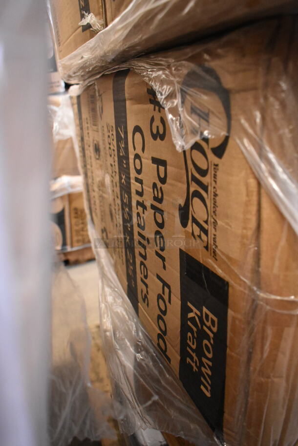 PALLET LOT of 20 BRAND NEW Boxes Including 500TW9 Choice 9 oz. Translucent Thin Wall Plastic Cold Cup - 2500/Case, Tellus Products 9" x 9" No PFAS Added Natural Bagasse Clamshell Container - 200/Case, 394345M Noble Medium Gloves, 394365M Noble Products Powder-Free Disposable Clear Vinyl Gloves for Foodservice - Medium - 1000/Case, 500CC12 Choice Clear PET Customizable Plastic Cold Cup - 12 oz. - 1000/Case, 500CC9 Choice 9 oz. Clear PET Customizable Plastic Squat Cold Cup - 1000/Case, 5008DWALLC Choice 8 oz. Tall Coffee Break Print Smooth Double Wall Paper Hot Cup - 500/Case, 129MCR32B Choice 32 oz. Black Round Microwavable Heavy Weight Container with Lid 7 1/4" - 150/Case, 2 Box 346WSNSM Choice Medium Weight White Wrapped Plastic Spork, Straw, and Napkin Kit - 1000/Case, 74555-0150 Pizza Trays, Choice 32 oz. Clear RPET Hinged Deli Container - 200/Case, 433W8BGC Choice 8 lb. White Paper Bag - 500/Case. 20 Times Your Bid! - Image 3 of 12