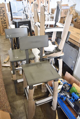 4 BRAND NEW SCRATCH AND DENT! Lancaster Table & Seating Gray Wood Pattern Antique Bar Height Chairs. 4 Times Your Bid!
