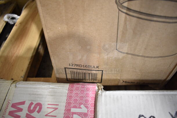PALLET LOT of 20 BRAND NEW Boxes Including 2 Box 130D66UF Choice 6 1/2" x 6 1/4" Unprinted Plastic Deli Saddle Bag with Flip Top - 2000/Case, 500COLLAR Choice Printed Coffee Cup Sleeve, 795PTOWHT4 Choice 7 7/8 x 5 1/2" x 3 1/2" White Microwavable Folded Paper #4 Take-Out Container - 160/Case, 500CC9 Choice 9 oz. Clear PET Customizable Plastic Squat Cold Cup - 1000/Case, 127RD16BULK Choice 16 oz. Customizable Microwavable Translucent Round Deli Container - 500/Case, 2 Box 612W65 Choice Insulated Foil Sandwich Wrap Sheets 14" x 16" - 1000/Case, 600UT2472S Regency Adjustable Stainless Steel Work Table Undershelf for 24" x 72" Tables - 18 Gauge, 129MCS28B Choice 28 oz. Black Rectangular Microwavable Heavy Weight Container with Lid 8 3/4" x 6 1/4" x 1 3/4" - 150/Case, 5014046XXH Lavex Pro 45 Gallon 3 Mil 40" x 46" Low Density Heavy-Duty Industrial Contractor Black Trash Bag / Can Liner - 50/Case, 500MFTN Lavex Natural Brown Kraft M-Fold (Multifold) Towel - 4000/Case, 654358115 Boska Friends 16 1/2" Extra-Large Round Beech Wood Serving Board with Handle, 2 Count Donut Boxes, 5008W Choice 8 oz. Tall White Poly Paper Hot Cup - 1000/Case, 622KPT400 Regency 400 lb. Keg and Pail Truck KPT-400, 215PCGDCAP CaterGator Rotomolded Extreme Outdoor Cooler / Ice Chest Drain Cap, AP241029 All Points 24-1029 10 1/2" Cast Iron Front Top Range Burner, 612FL4OZCO Choice 4 oz. Round Foil Ramekin Cup with Board Lid - 500/Case, Axe Handle. 20 Times Your Bid! - Image 2 of 12