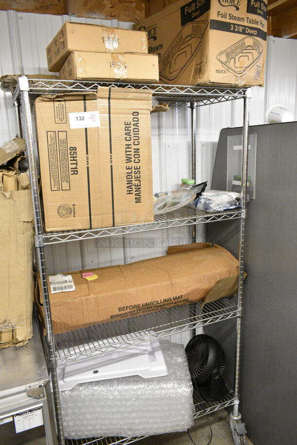 ALL ONE MONEY! Metro Lot of Various Items Including 612605070 Choice Full Size Foil Steam Table Pan Deep 3 3/8" Depth - Full Size Deep - 50/Case, 2 Sets of Casters, Dart 85HT1R 8" x 8" x 3" White Foam Square Take Out Container with Perforated Hinged Lid, Dandelion Supplement, Bladderwrack Supplement, Stainless Steel Sponges,  Notrax Mat, Poly Fan. Does Not Include Shelving Unit.  - Image 1 of 12