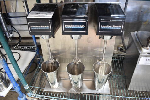 Hamilton Beach 950 Stainless Steel Commercial Countertop 3 Head Drink Mixer w/ 3 Stainless Steel Cups. 120 Volts, 1 Phase. Tested and Working!