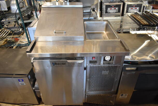 CustomCool Stainless Steel Commercial Sandwich Salad Prep Table Bain Marie Mega Top on Commercial Casters. Missing 1 Caster. 34x33x47. Cannot Test Due To Plug Style