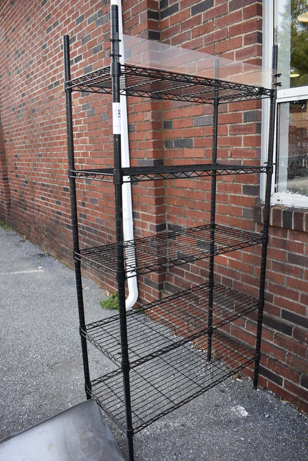 Black Finish 5 Tier Wire Shelving Unit. BUYER MUST DISMANTLE. PCI CANNOT DISMANTLE FOR SHIPPING. PLEASE CONSIDER FREIGHT CHARGES. 35.5x16x73