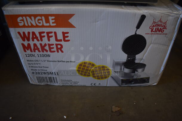 BRAND NEW IN BOX! Carnival King 382WSM11 Stainless Steel Commercial Countertop Non-Stick Single Waffle Maker with Timer. 120 Volts, 1 Phase. 10x20x12. Tested and Working! - Image 1 of 7