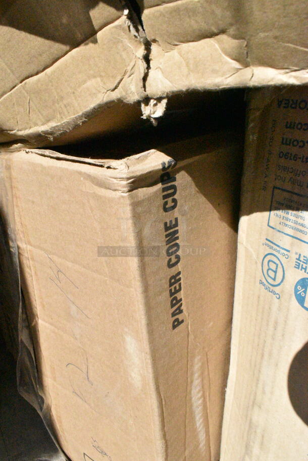 15 BRAND NEW Boxes Including 500CC20 Choice Clear PET Customizable Plastic Cold Cup - 20 oz. - 600/Case, 795PTOKFTW4 Choice Kraft Folded Paper #4 Take-Out Container with Window 7 3/4" x 5 1/2" x 3 1/2" - 140/Case, Bare by Solo 4BR-2050 Eco-Forward 4 oz. White Rolled Rim Paper Cone Cup with Poly Bag Packaging - 5000/Case, 612BG23SMALL Choice HD Smoothwall Black andGold Takeout Pan, 433NHT101 Choice 1/6 Standard Size White "Thank You" Medium-Duty Plastic T-Shirt Bag - 1000/Case, 978LAVP20FB Lavex Black Nylon Floor Scrubbing Brush, Cone Cups. 15 Times Your Bid!  - Image 12 of 12