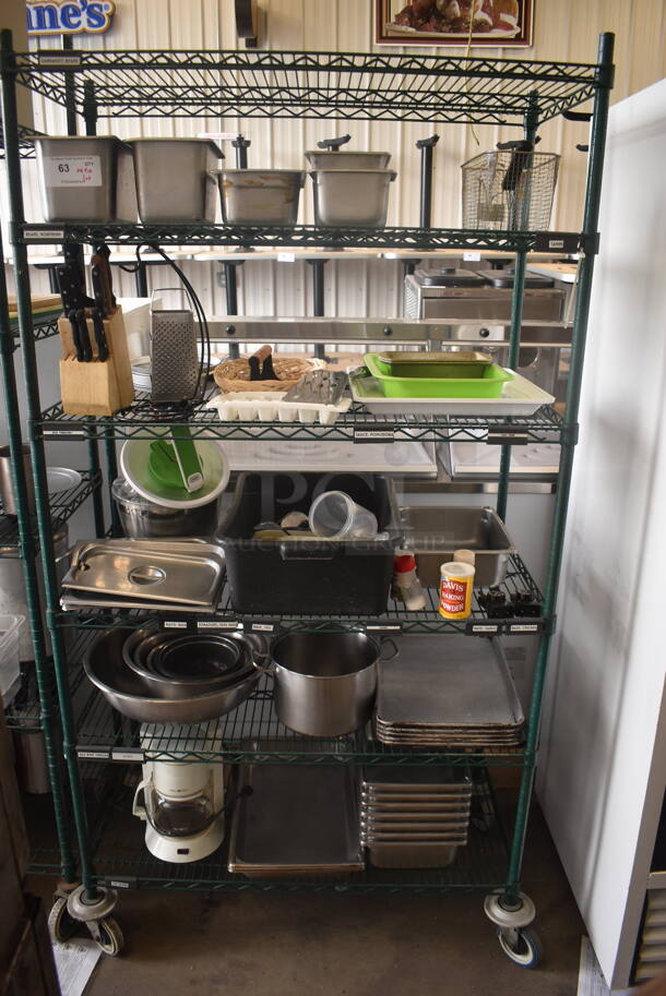 Metro Lot Including Knives in Block, Stainless Drop In Bins, Stainless Half Pans, Stainless Bowls, Coffee Machine, Fry Basket and Much More! Metro Shelf Not Included.  - Image 1 of 5