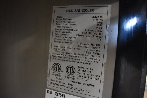 Dukers DBB72-H3 Stainless Steel Commercial 3 Door Back Bar Cooler Merchandiser. 115 Volts, 1 Phase. 73x24x36. Tested and Working! - Image 4 of 7