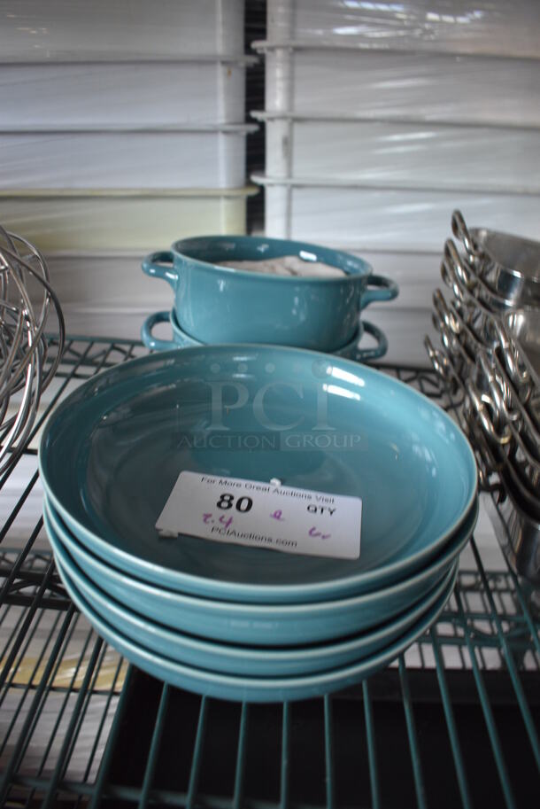 ALL ONE MONEY! Lot of Blue Ceramic Dishes; 2 Bowls w/ Handles and 4 Bowls. 9x9x1.5, 8x6x3