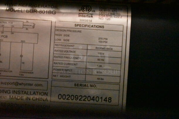 BRAND NEW SCRATCH AND DENT! Whynter BBR-801BG Metal 80 Can Built In Black Glass Beverage Cooler Merchandiser. 115 Volts, 1 Phase. Tested and Working!
 - Image 6 of 6