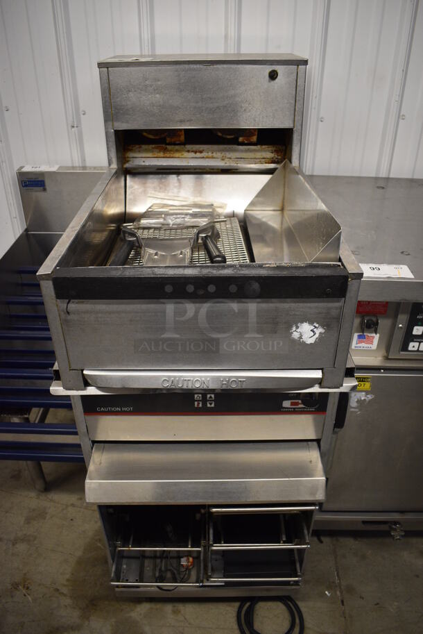 Carter Hoffmann Stainless Steel Crisp N Hold Dumping Station w/ Lower Warming Unit and Fry Scoop on Commercial Casters. Warming Drawer: 120 Volts, 1 Phase. Dumping Station: 208 Volts, 1 Phase. 19.5x34x48.5. Warming Unit Is Tested and Working!