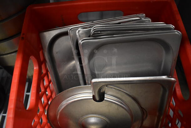 ALL ONE MONEY! Tier Lot of Various Items Including 8 Cylindrical Stainless Steel Bins, Ice Bin and Various Drop In Bin Lids - Image 5 of 7