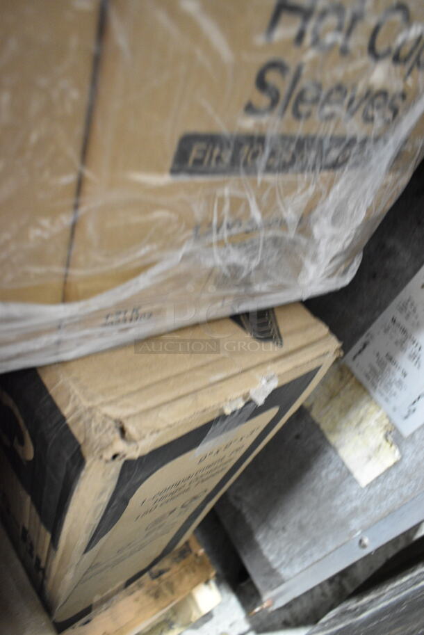 PALLET LOT of 24 BRAND NEW Boxes Including 395RP07 EcoChoice Compostable Sugarcane / Bagasse 7" Plate - 1000/Case, 130LID18 Visions 18" Clear PET Plastic Round Catering Tray High Dome Lid - 25/Case, 2 Box Choice Printed Hot Cup Sleeves, 127RD16BULK Choice 16 oz. Customizable Microwavable Translucent Round Deli Container - 500/Case, 129MCS28B Choice 28 oz. Black Rectangular Microwavable Heavy Weight Container with Lid 8 3/4" x 6 1/4" x 1 3/4" - 150/Case, Choice Blue Trays, 5002TPJPR1K Lavex Universal 2-Ply Jumbo 1000' Toilet Paper Roll with 8 1/2" Diameter - 12/Case, 100BTWINE Choice #24 Gauge Butcher Sausage Twine 2 lb. Spool, 130SVFRK600C Visions 7 1/4" Silver Classic Heavy Weight Silver Plastic Fork - 600/Case, 2 Box Small Vinyl Exam Gloves, 760PCC03W Choice White Poly Paper Cold Cup. 24 Times Your Bid! - Image 6 of 12