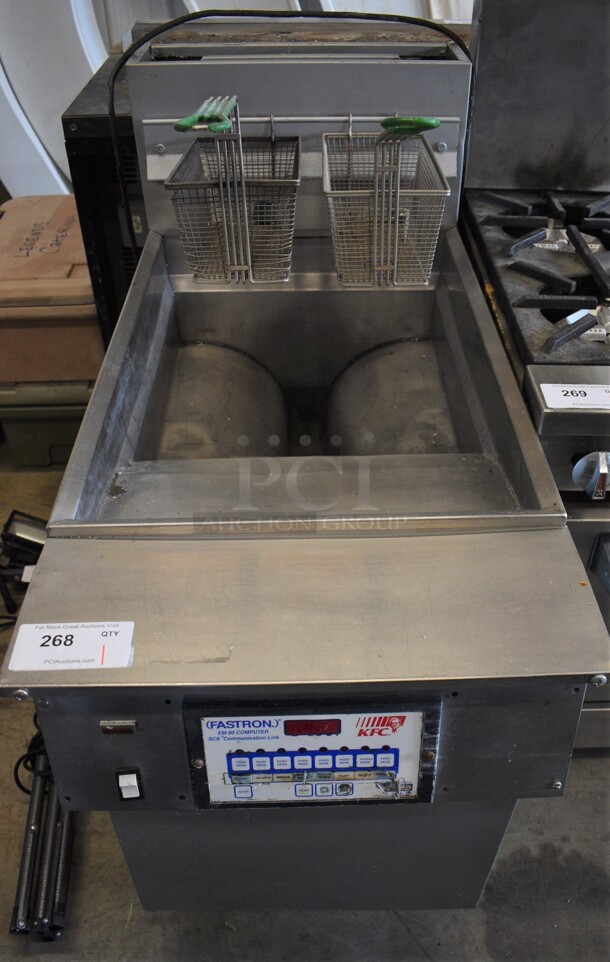 Frymaster Model J5FCSP Stainless Steel Commercial Floor Style Natural Gas Powered Deep Fat Fryer w/ 2 Fry Baskets. 150,000 BTU. 21x43x46