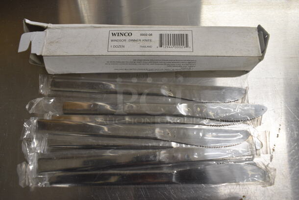 12 BRAND NEW IN BOX! Winco 0002-08 Stainless Steel Windsor Dinner Knives. 7.75
