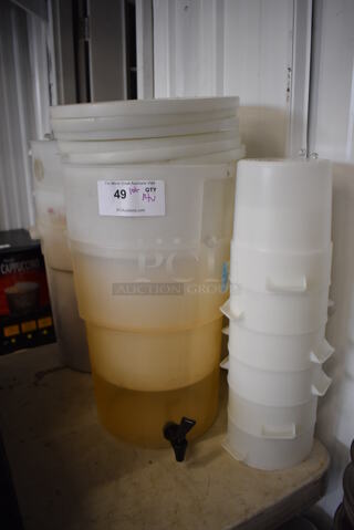 ALL ONE MONEY! Lot of 14 Various Poly Cylindrical Bins and 6 Lids. Includes 12.5x12.5x14.5, 6.5x6.5x7.5