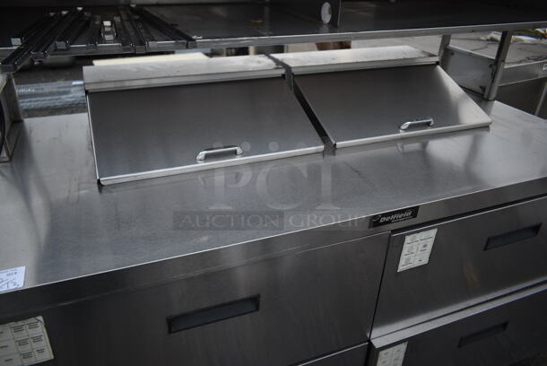 Delfield Stainless Steel Commercial Sandwich Salad Prep Table Bain Marie Mega Top w/ 4 Drawers and 2 Tier Over Shelf.  - Image 4 of 9
