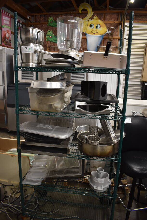 ALL ONE MONEY! Lot oF Items Including Drink Dispenser, Steel Pot, Frying Baskets, Steel and Plastic Lids, Squeeze Bottles AND MORE!