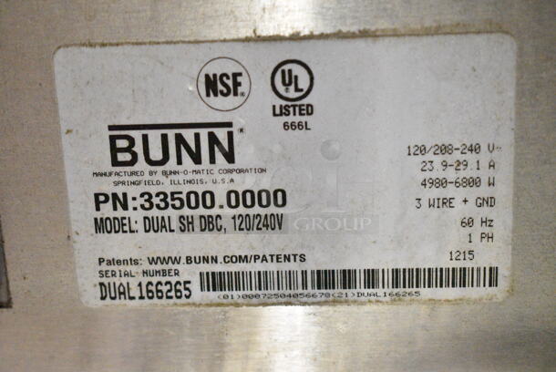 2015 Bunn DUAL SH DBC Stainless Steel Commercial Dual Coffee Machine w/ Hot Water Dispenser, 2 Satellite Servers and 2 Metal Brew Baskets. 120/208-240 Volts, 1 Phase.  - Image 8 of 8