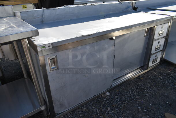 BRAND NEW SCRATCH AND DENT! Regency 600EBTB3072R 30" x 72" 16 Gauge Type 304 Stainless Steel Enclosed Base Sliding Door Table with Drawers and 6" Backsplash - Image 2 of 8